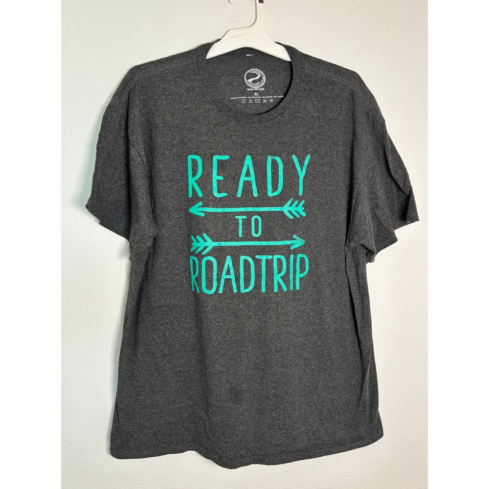 Road Trip Tees Mens XL Gray Ready To Roadtrip Graphic T-Shirt Teal Arrows XL